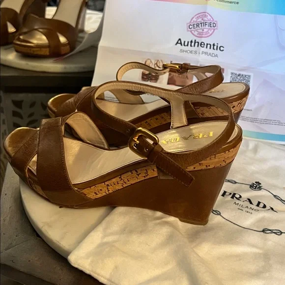 Prada, size 37.5 EU (7 US), Tan Leather Wedge Sandals, w/ Prada dust bag & COA - Picture 9 of 12